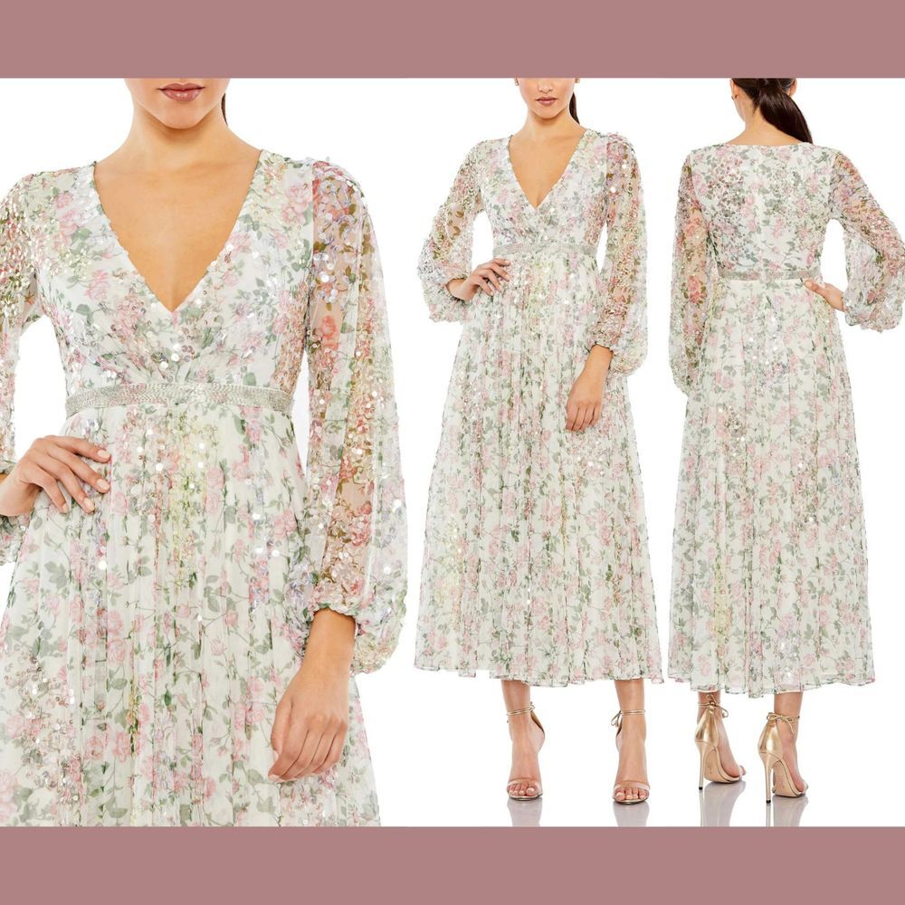 NWT $698 Mac Duggal [ 12 ] Embellished Floral Faux Wrap A Line Dress White G1699